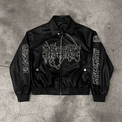 BLACK LOGO FAKE LEATHER JACKET