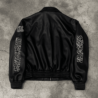 BLACK LOGO FAKE LEATHER JACKET